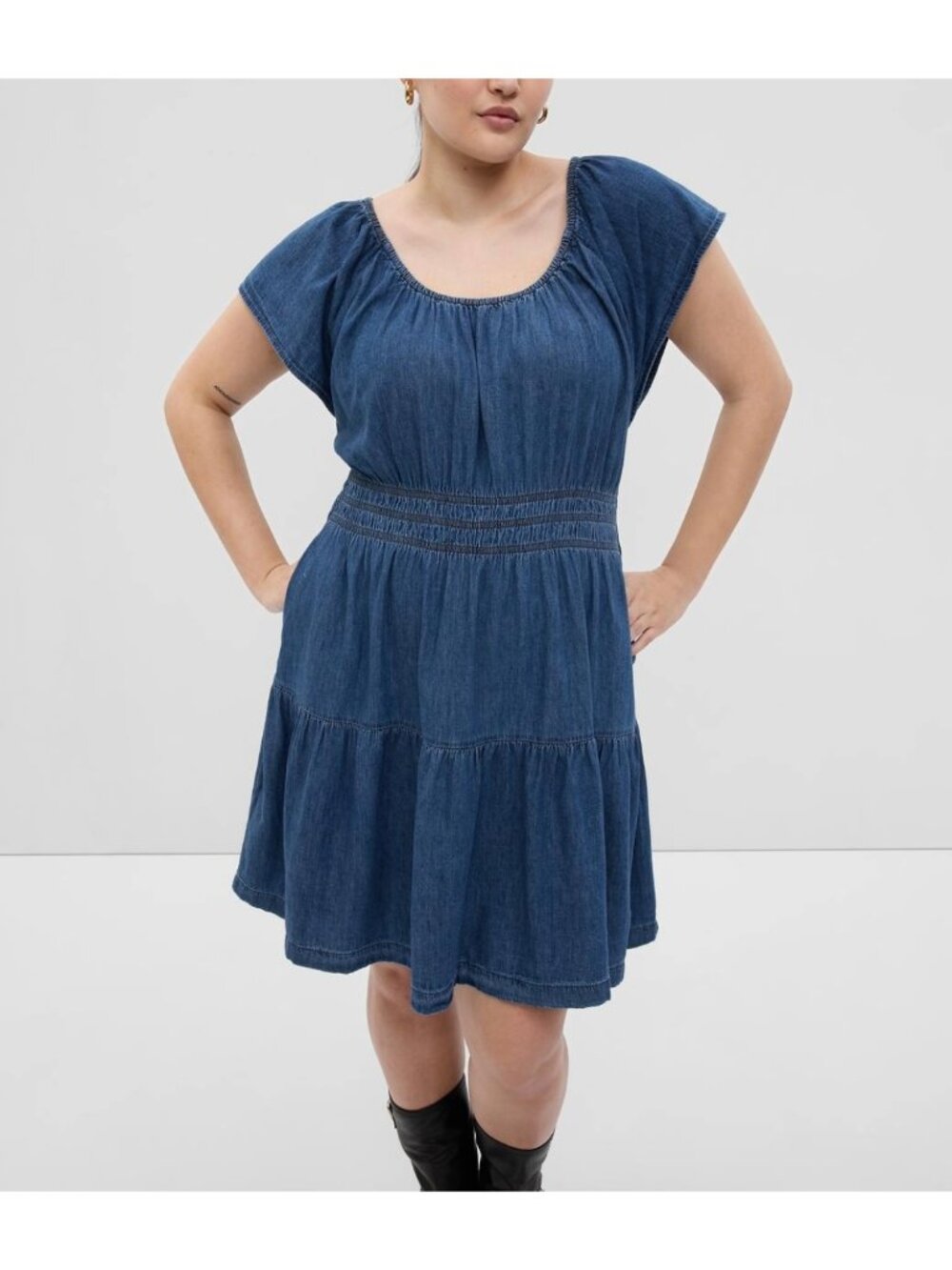 NWT GAP Denim Short Flutter Sleeve Tiered Round Neck Mini Dress w. Pockets Sz L - Picture 1 of 10